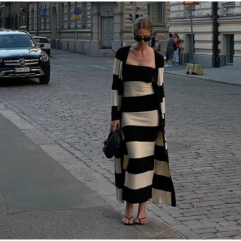 Aiertu  -  Knitted Striped Tube Tops Long Dress Long Jacket Women Set Backless Robe Long Sleeved Single Breasted Jacket Spring Summer Suit Aiertu