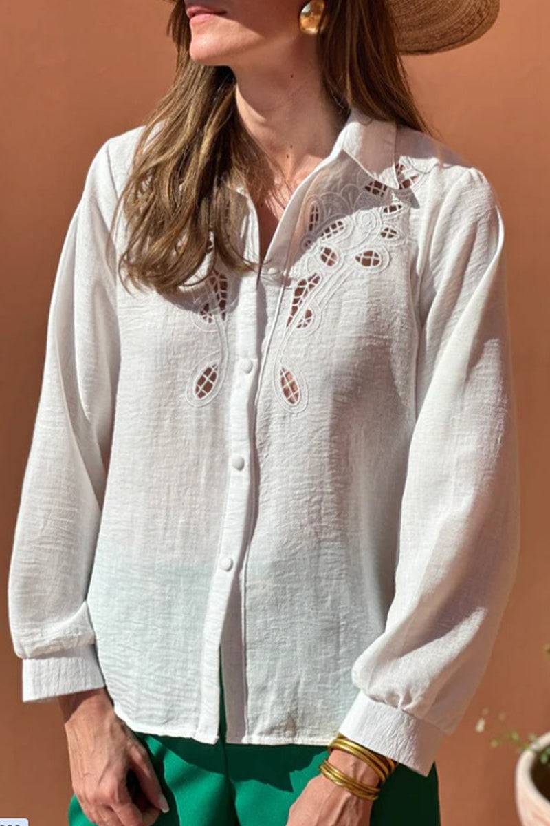 Aiertu  -Casual Hollow Out Turndown Collar Blouses(4 Colors) aiertu