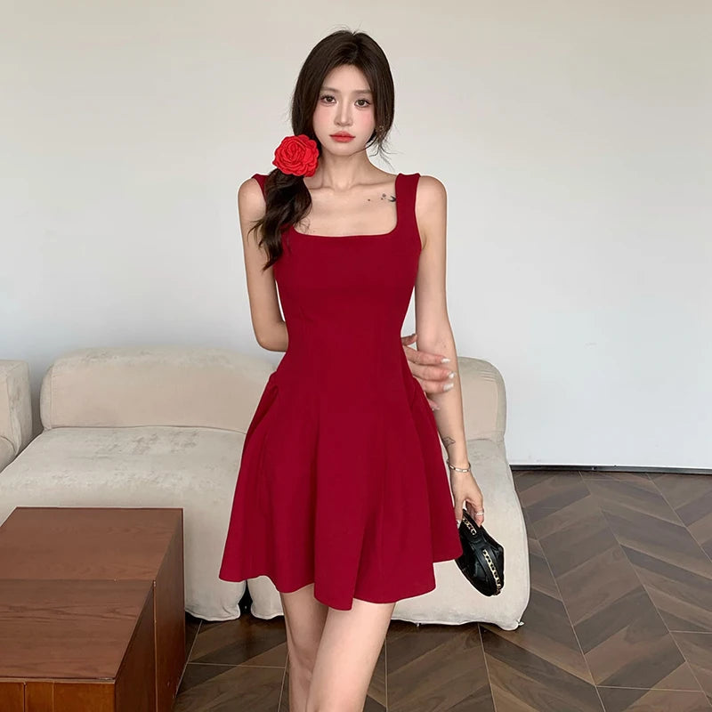 Aiertu  -  French Style Red U-neck Strap Dress Women's Summer Pure Sexy Slim Fit A-line Short Dress Fashion Female Clothes Aiertu