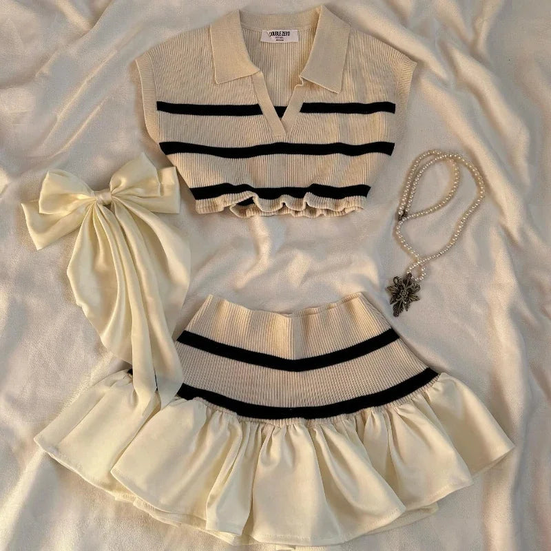 Aiertu  -  American Sweater Skirt Suit Two Piece Harajuku Women Fashionable V Neck Vest Striped Knitted Stitching Sexy Mini Skirt Short Top Aiertu