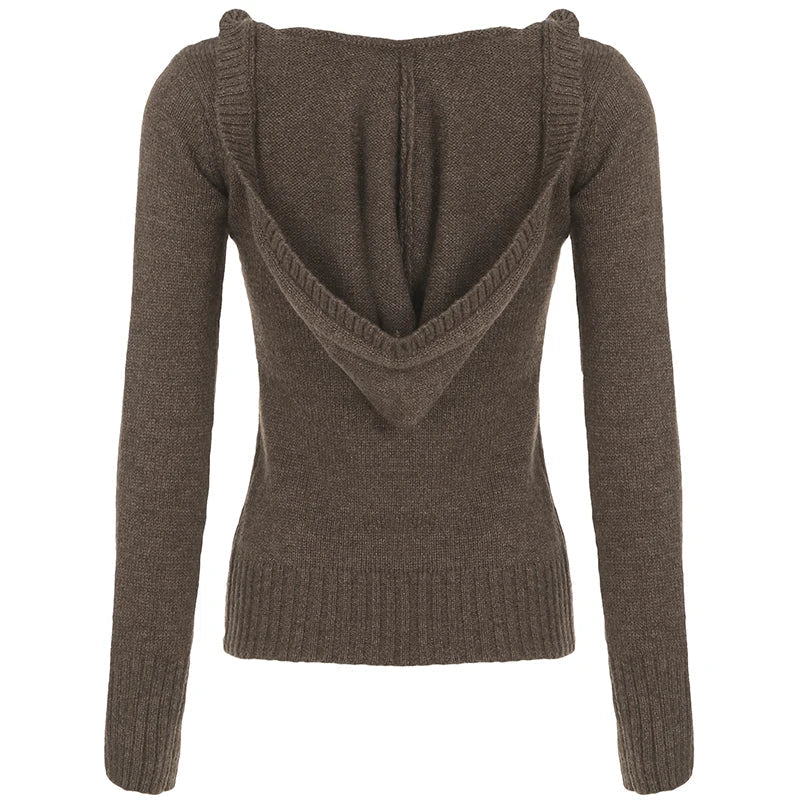 Aiertu  -  Y2K Brown V-neck Hooded Sweater Vintage Basic Slim Button Up Knitted Pullovers Autumn Casual Streetwear Outfits Lady Aiertu