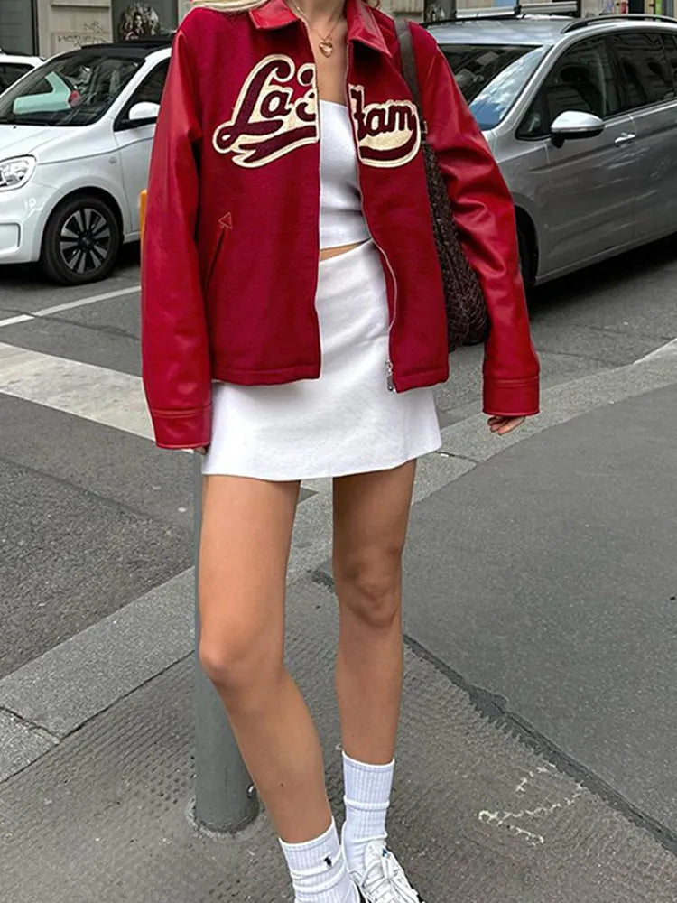 Aiertu  - Women Leather Fashion Embroidery Zipper Short Jacket Elegant Long Sleeves Lapel Loose Coats Autumn Female Streetwear Outercoat Aiertu