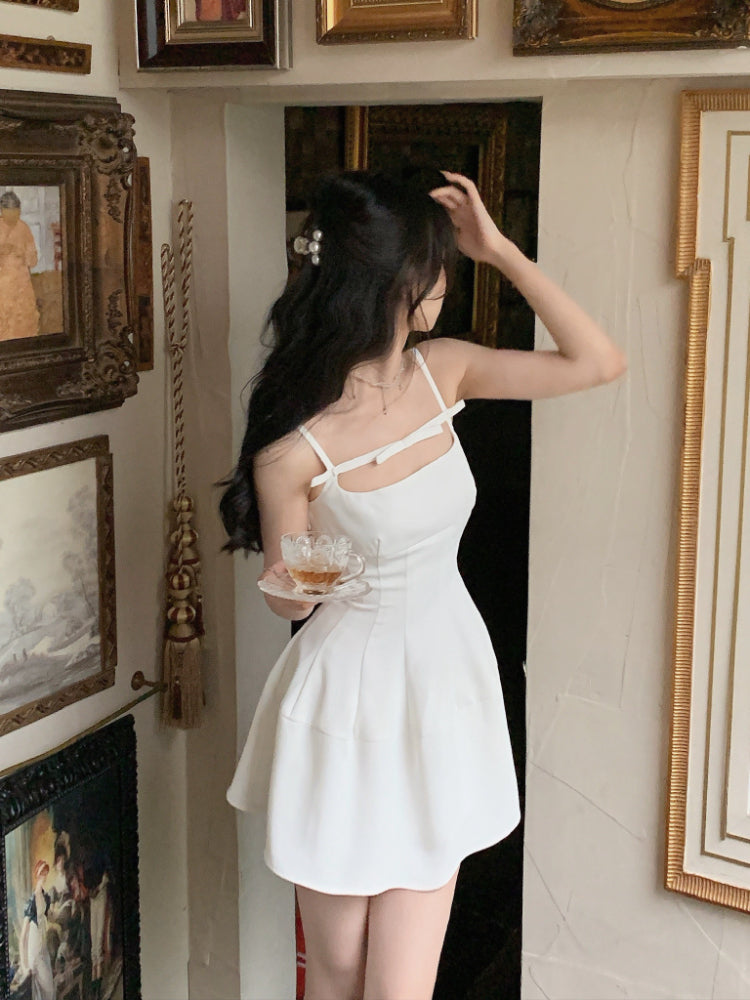 Aiertu  French Elegant Black Midi Dress Women Casual Evening Party Strap Dress Female Pure Color White One Piece Dress Korea Summer Aiertu