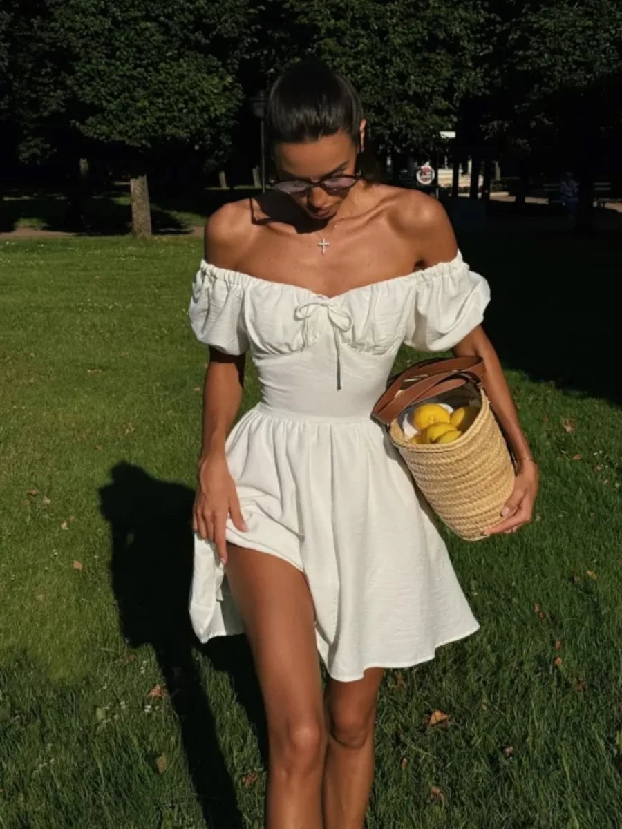 Aiertu  -  Summer White Off Shoulder Mini Dress for Women Elegant Fashion Slash Neck Puff Sleeve Holidays Party Dresses 2025 New Aiertu