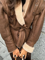Aiertu  -  Fashion Warm Furry Leather Woman Jacket With Belt Chic Lapel Long Sleeve Motorcycle Coat Lady 2026 Winter High Street Outerwear Aiertu