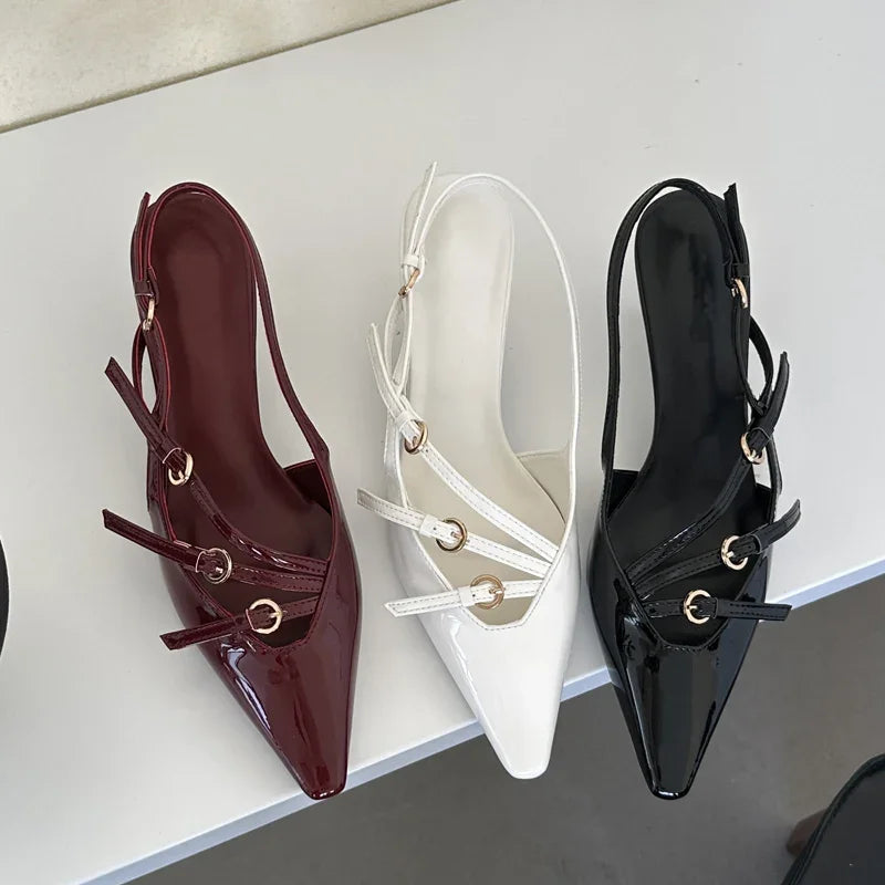 Aiertu  -  Sexy Slingbacks Narrow Band Buckle Strap Pumps Women Pointed Toe Thin Heels Wedding Party Mule Shoes Aiertu