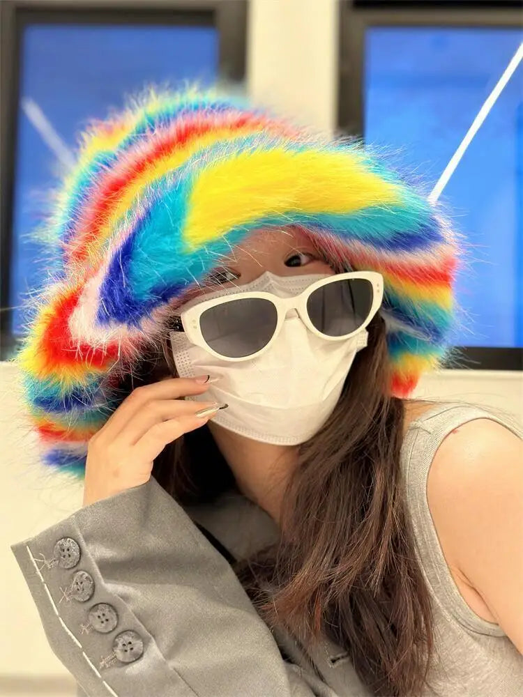 Aiertu  -  Rainbow Spliced Fisherman Hat Multi color Fashion Autumn and Winter ins Fur Fisherman Hat Warm Pot Hat Show Small Face Aiertu