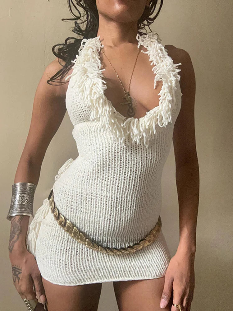 Aiertu   Puss Crochet Halter Dress Women Low-Neck Bandage Backless Stretch Tassel Skinny Sleeveless Street Elegant Mini Bodycon Aiertu