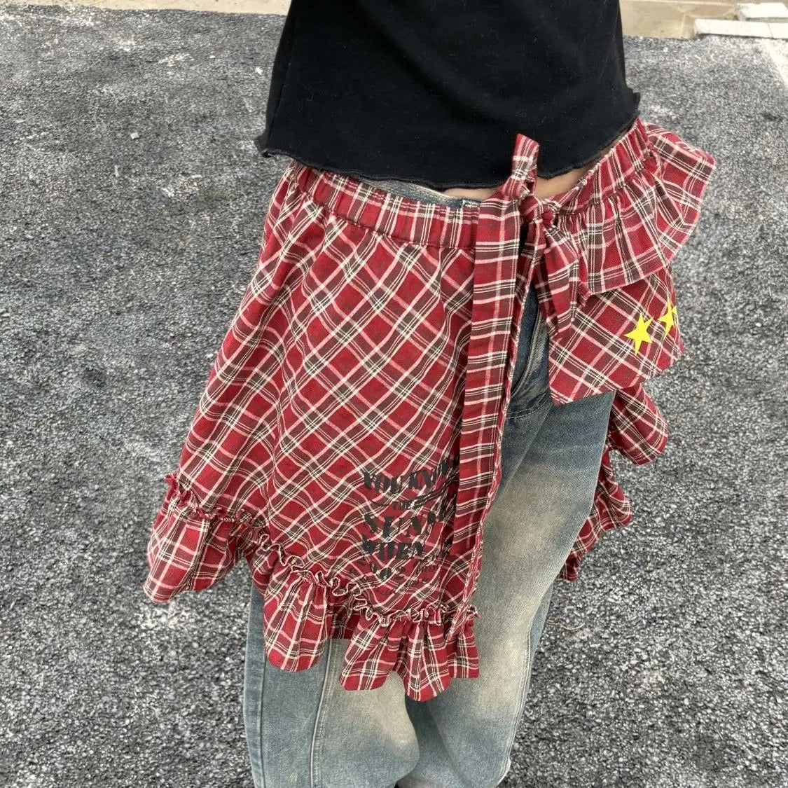 Aiertu  -  Y2k Aesthetic Plaid Irregular Ruffled Skirts Vintage Women Streetwear Letter Print Faldas Harajuku Grunge Casual Bandage Skirt Aiertu