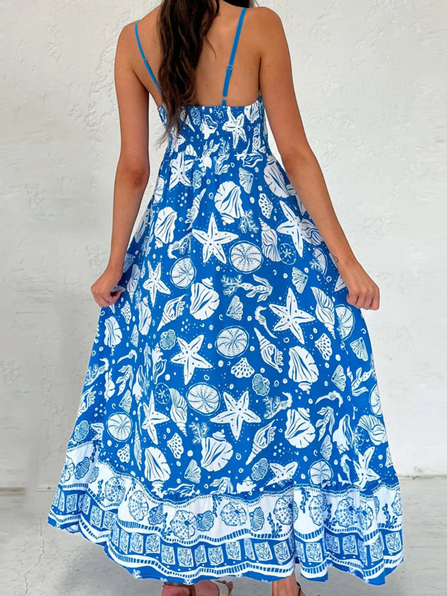 Aiertu  -   Women s Elegant Floral Print Sleeveless Maxi Dress with Adjustable Spaghetti Straps and A-Line Silhouette for Summer Beach Aiertu