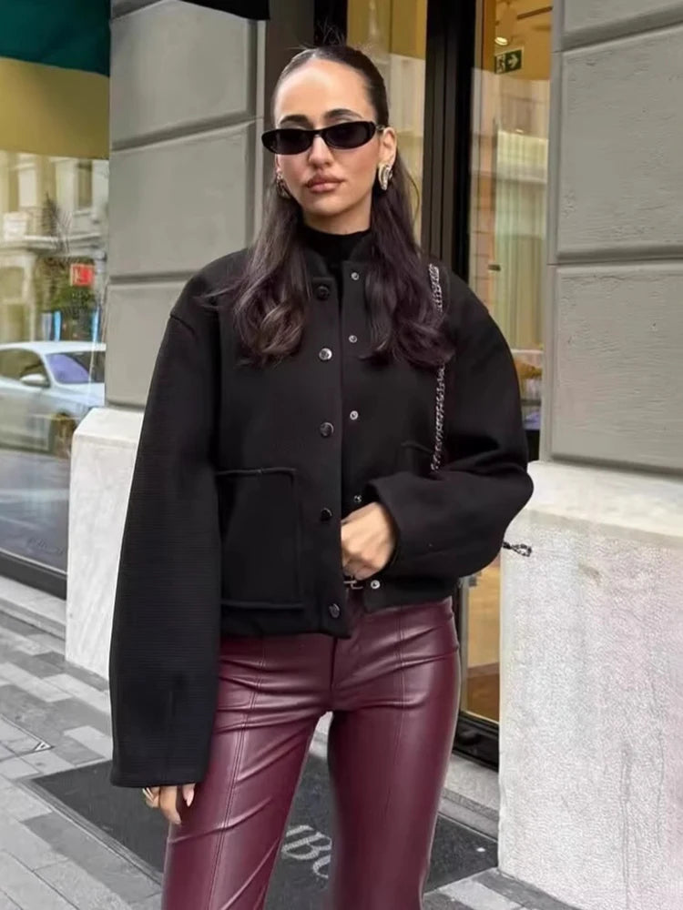 Aiertu  -  Stand Collar Short Jacket For Women Fashion Loose Single Breasted Coat Casual 2025 Spring Autumn New Solid Woman Outwear Aiertu