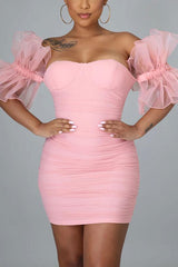 Aiertu Solid Color Ruffle Mesh Sleeve Pretty Bandeau Mini Dress Aiertu