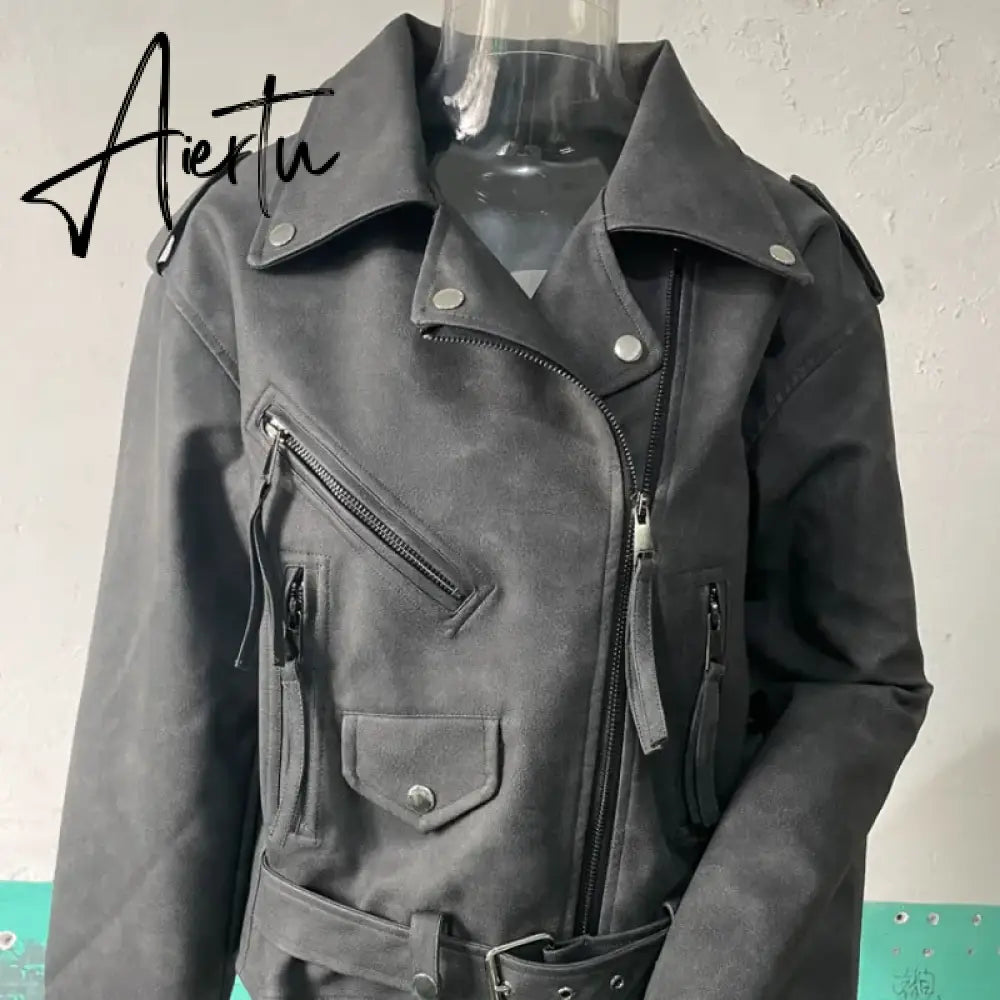 Dirty Pu Leather Biker Jackets Womens Oversize Boyfriend Bomber Jacket Ladies Loops on the Shoulders Black Coats Aiertu