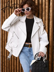 Dirty Pu Leather Biker Jackets Womens Oversize Boyfriend Bomber Jacket Ladies Loops on the Shoulders Black Coats Aiertu