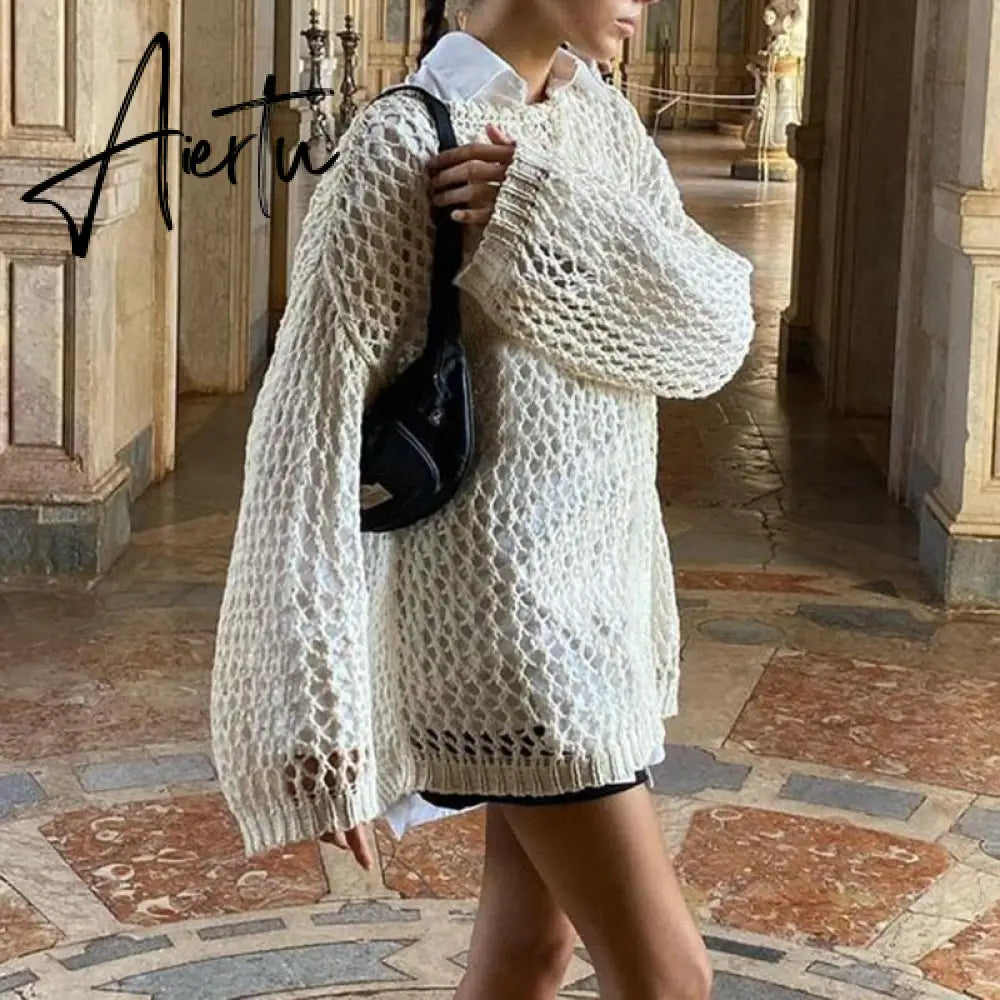 Dourbesty Women Hollow Out Crochet Sweater Vintage Fairycore Grunge Smock Knit Pullovers Fishnet Bathing Suit Cover Ups Swimwear Aiertu