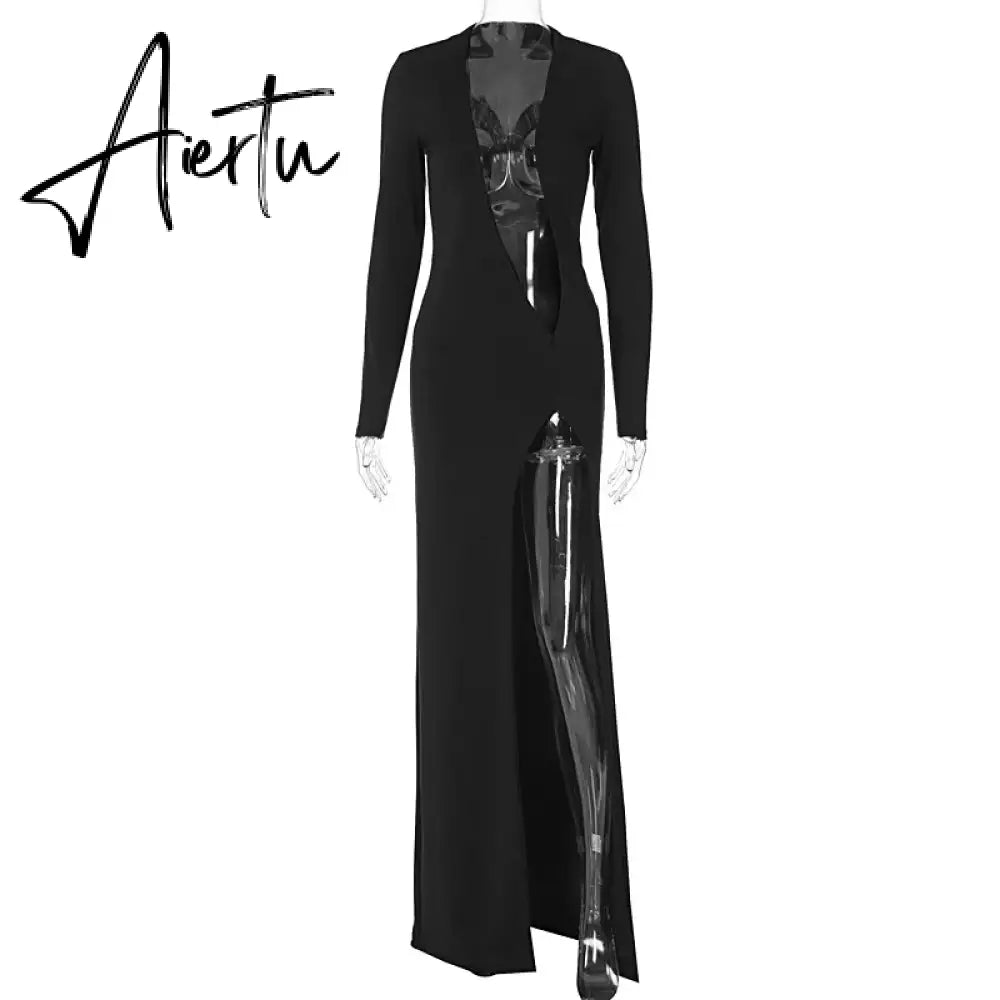 Draped Deep V Neck High Rise Split Maxi Dress Club Elegant Fashion Long Sleeve Sexy Dresses Gown Outfits for Women Aiertu