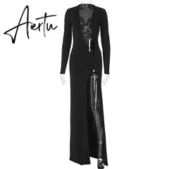 Draped Deep V Neck High Rise Split Maxi Dress Club Elegant Fashion Long Sleeve Sexy Dresses Gown Outfits for Women Aiertu