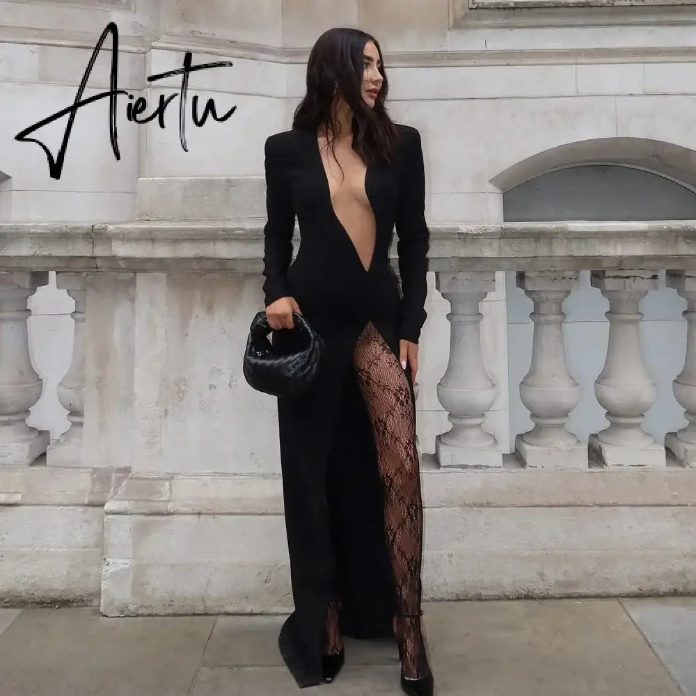 Draped Deep V Neck High Rise Split Maxi Dress Club Elegant Fashion Long Sleeve Sexy Dresses Gown Outfits for Women Aiertu