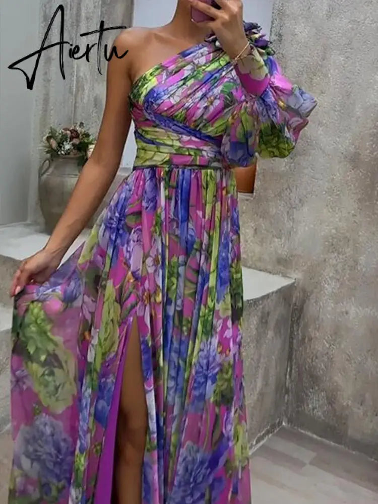 Drauuing Purple Print Side Split One Sleeve Maxi Dress Sexy Hight Split Loose Hem One Shoulder Print Beach Party Dresses Aiertu