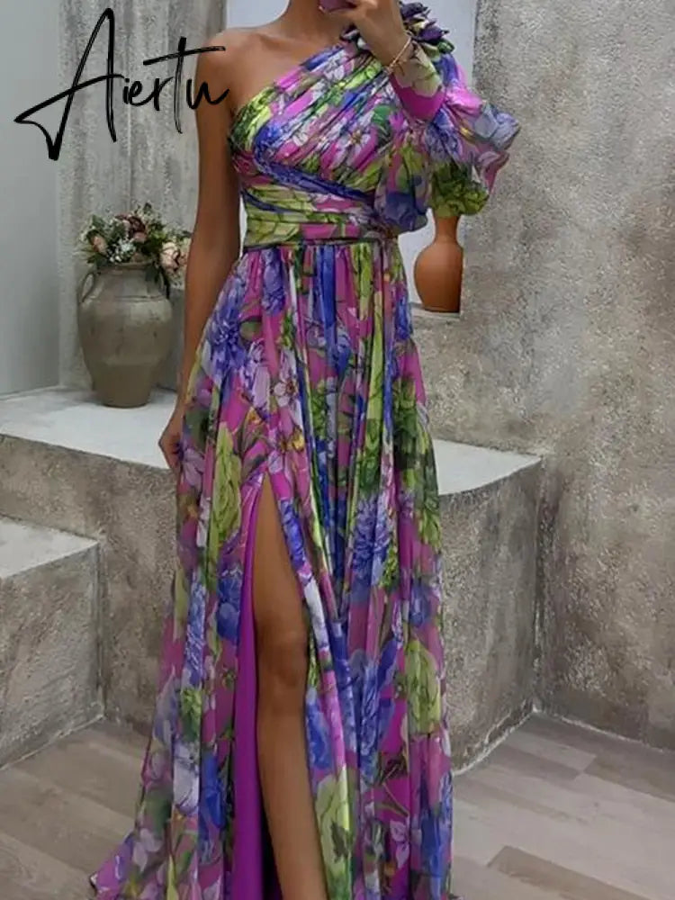 Drauuing Purple Print Side Split One Sleeve Maxi Dress Sexy Hight Split Loose Hem One Shoulder Print Beach Party Dresses Aiertu