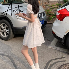 Dresses Women Puff Sleeve Holiday Sundress Hollow Out Floral Design Korean Style College Lovely Simple Trendy Summer Aiertu