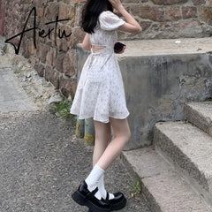 Dresses Women Puff Sleeve Holiday Sundress Hollow Out Floral Design Korean Style College Lovely Simple Trendy Summer Aiertu