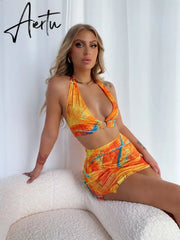 Dry Two Piece Set Women Sexy Halter Sequined Beachwear Cleavage Crop Top+Mini Skirt Suit Female платье Outfits Aiertu