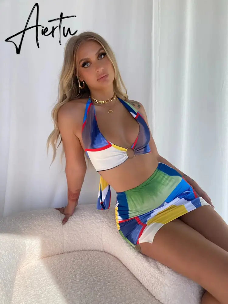 Dry Two Piece Set Women Sexy Halter Sequined Beachwear Cleavage Crop Top+Mini Skirt Suit Female платье Outfits Aiertu