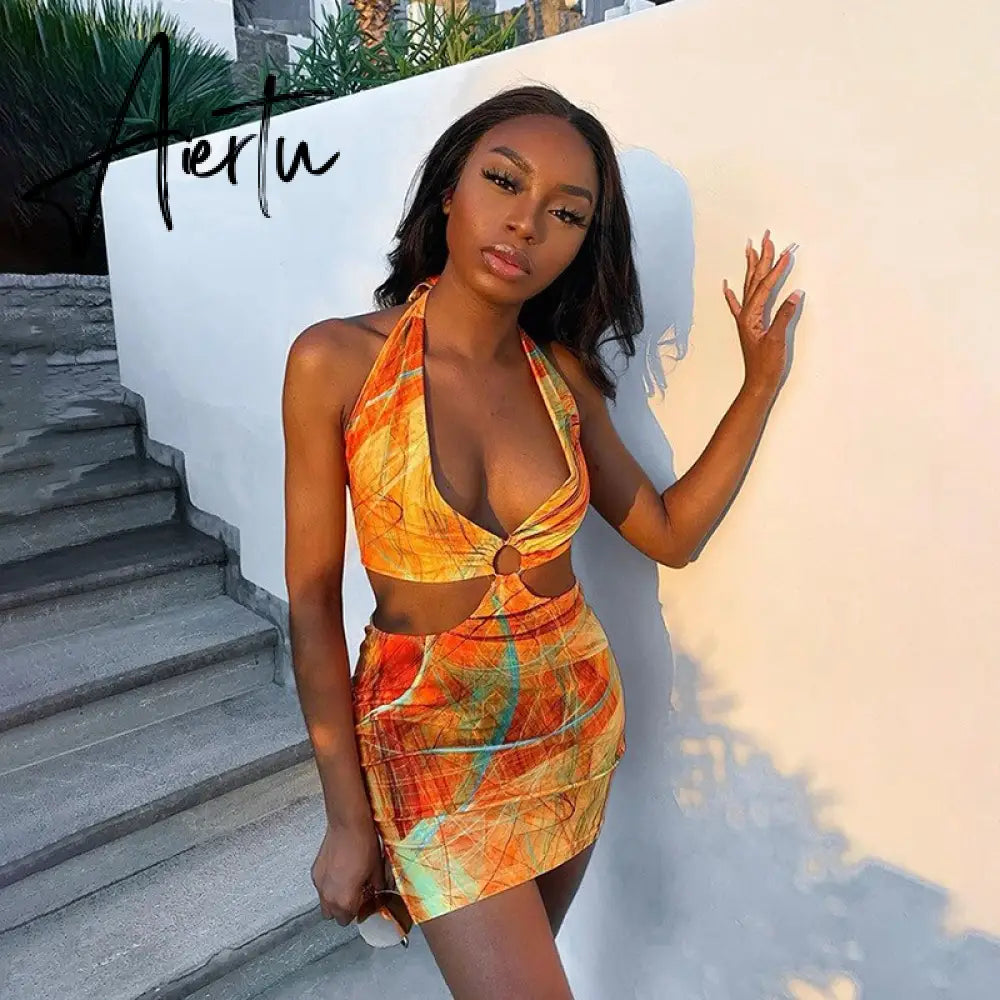 Dry Two Piece Set Women Sexy Halter Sequined Beachwear Cleavage Crop Top+Mini Skirt Suit Female платье Outfits Aiertu