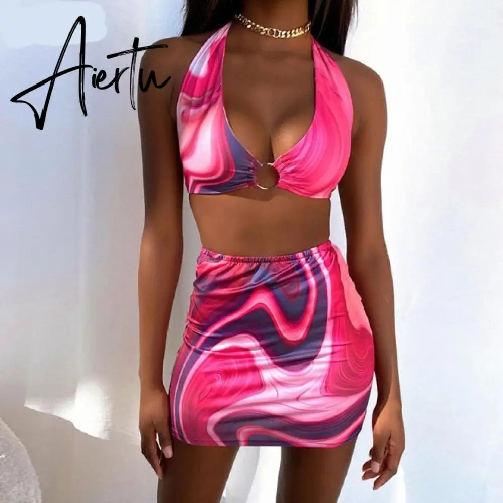 Dry Two Piece Set Women Sexy Halter Sequined Beachwear Cleavage Crop Top+Mini Skirt Suit Female платье Outfits Aiertu