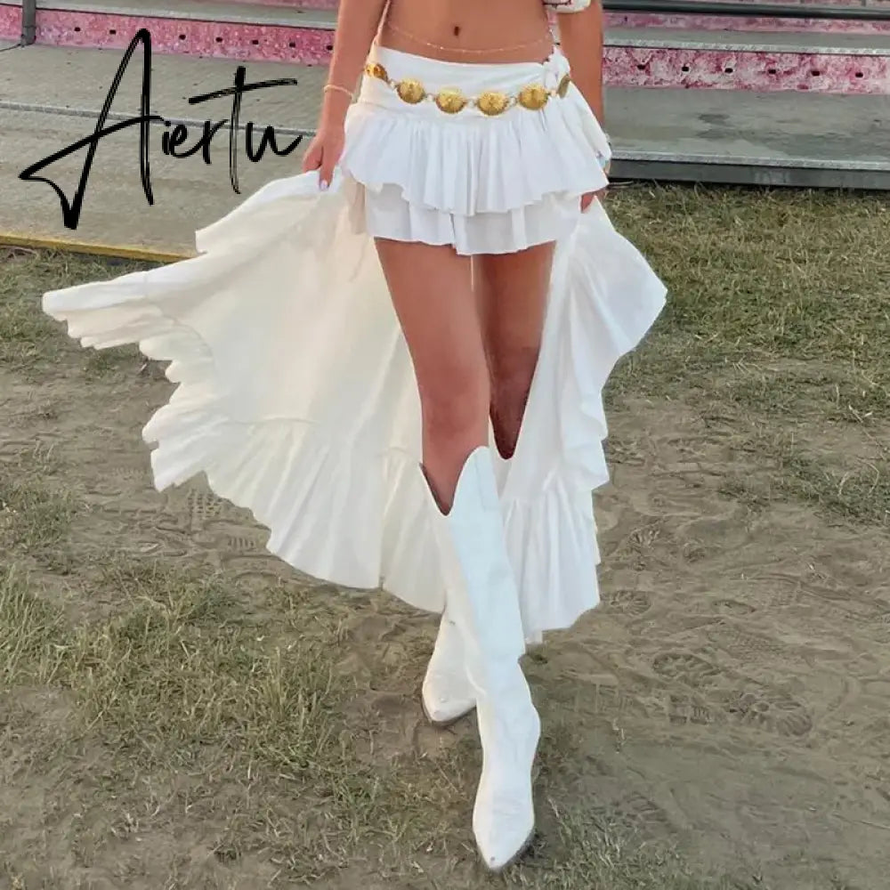 E-Girl 90s Aesthetic White Asymmetrical Skirts Women Low Waist Layere Ruffle Hem Mini Skirts Grunge Streetwear Bottoms Aiertu