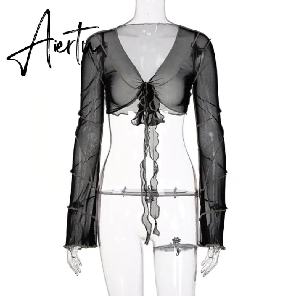 E-girl Aesthetics Bandage Black Mesh Crop Tops Pastel Goth Y2K Deep V-Neck Flare Sleeve Patchwork T-shirts Sexy Outfits Aiertu