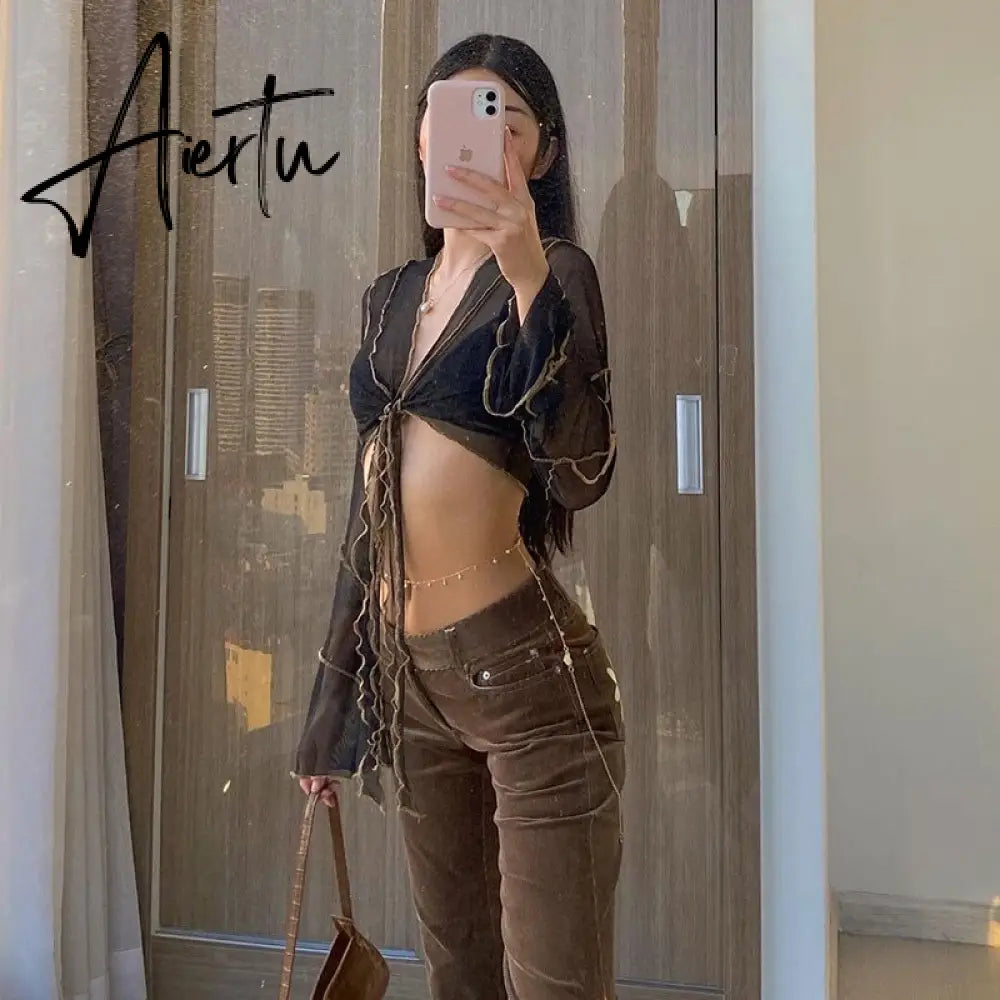 E-girl Aesthetics Bandage Black Mesh Crop Tops Pastel Goth Y2K Deep V-Neck Flare Sleeve Patchwork T-shirts Sexy Outfits Aiertu