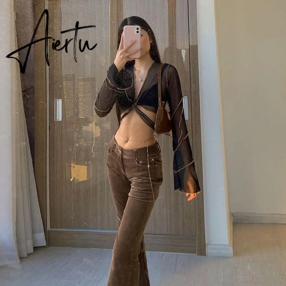 E-girl Aesthetics Bandage Black Mesh Crop Tops Pastel Goth Y2K Deep V-Neck Flare Sleeve Patchwork T-shirts Sexy Outfits Aiertu