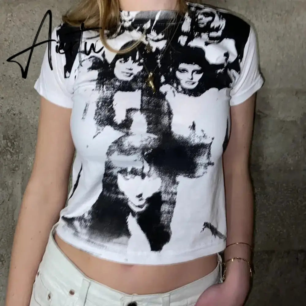 E-girl Harajuku Graphic Print T-shirt 90s Women Vintage Crop Top Y2K Aesthetic Summer Slim Fit Tees Tops Streetwear Gothic Punk Aiertu