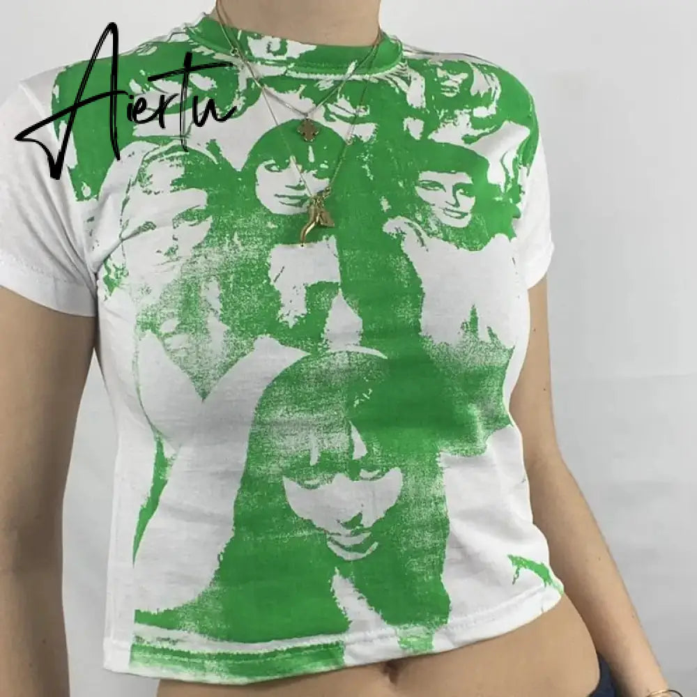 E-girl Harajuku Graphic Print T-shirt 90s Women Vintage Crop Top Y2K Aesthetic Summer Slim Fit Tees Tops Streetwear Gothic Punk Aiertu