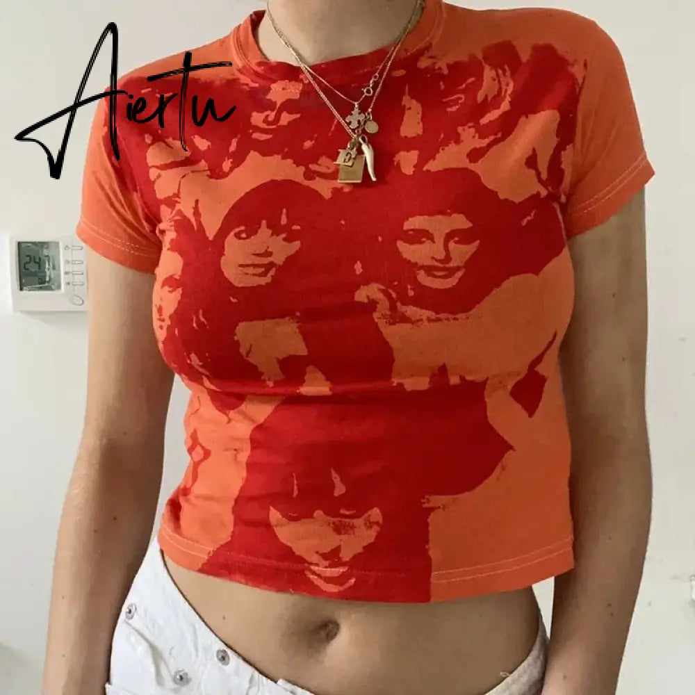 E-girl Harajuku Graphic Print T-shirt 90s Women Vintage Crop Top Y2K Aesthetic Summer Slim Fit Tees Tops Streetwear Gothic Punk Aiertu