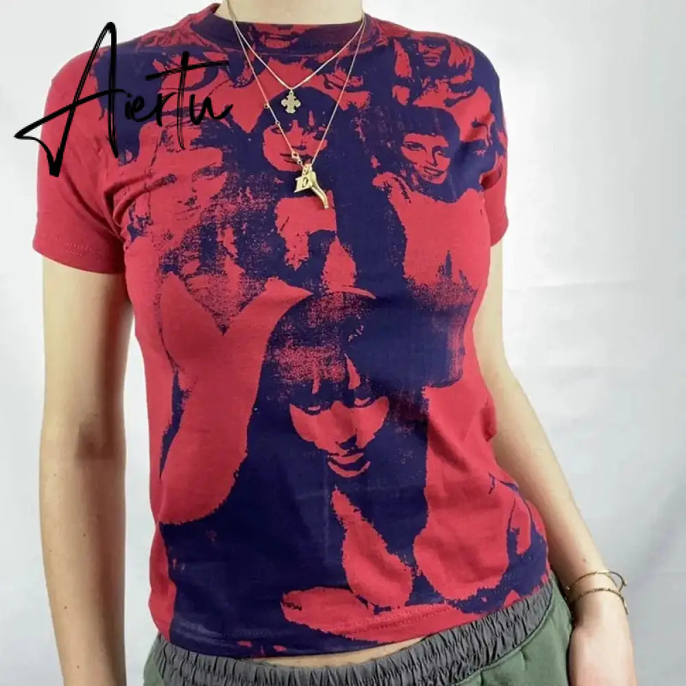 E-girl Harajuku Graphic Print T-shirt 90s Women Vintage Crop Top Y2K Aesthetic Summer Slim Fit Tees Tops Streetwear Gothic Punk Aiertu