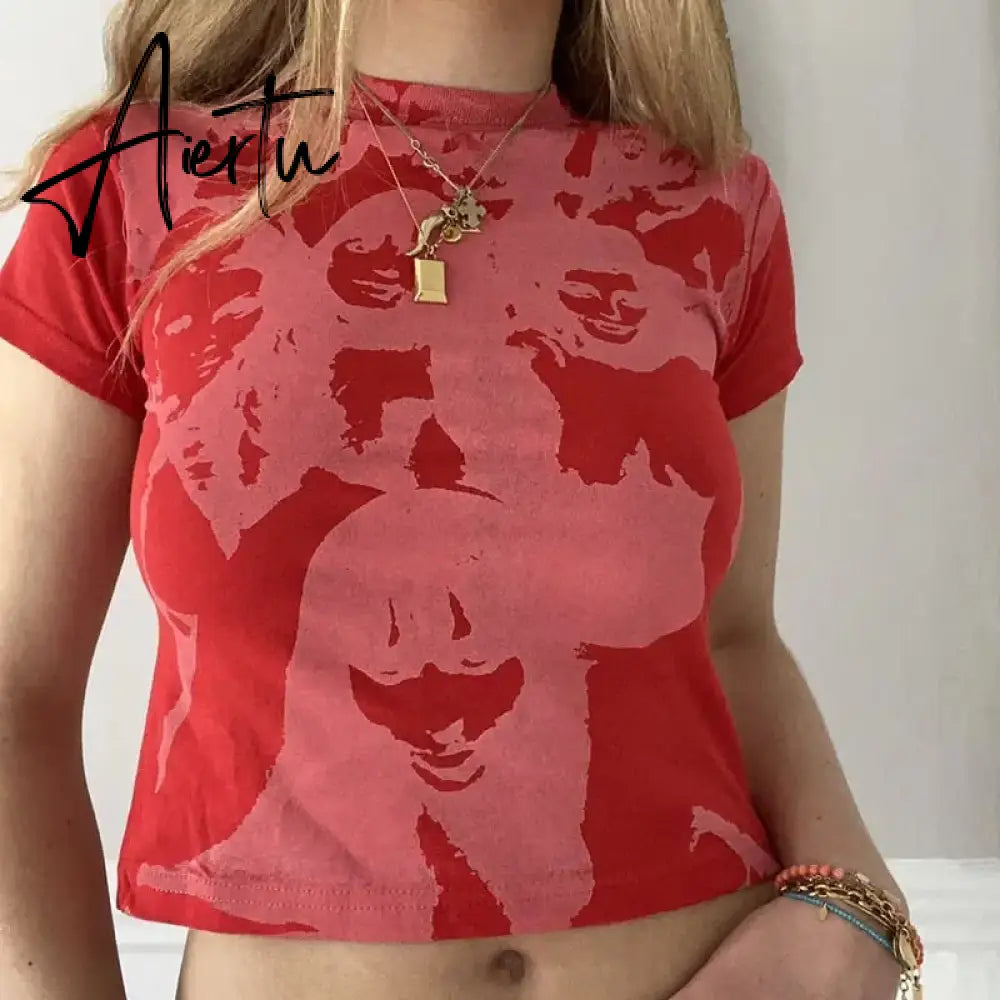 E-girl Harajuku Graphic Print T-shirt 90s Women Vintage Crop Top Y2K Aesthetic Summer Slim Fit Tees Tops Streetwear Gothic Punk Aiertu
