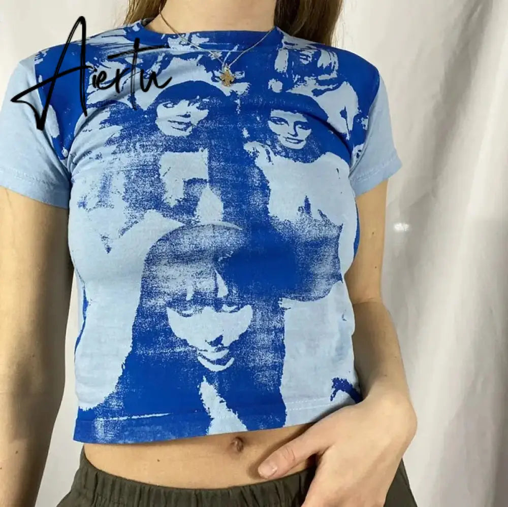 E-girl Harajuku Graphic Print T-shirt 90s Women Vintage Crop Top Y2K Aesthetic Summer Slim Fit Tees Tops Streetwear Gothic Punk Aiertu