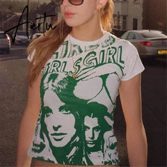 E-girl Harajuku Graphic Print T-shirt 90s Women Vintage Crop Top Y2K Aesthetic Summer Slim Fit Tees Tops Streetwear Gothic Punk Aiertu