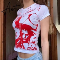 E-girl Harajuku Graphic Print T-shirt 90s Women Vintage Crop Top Y2K Aesthetic Summer Slim Fit Tees Tops Streetwear Gothic Punk Aiertu