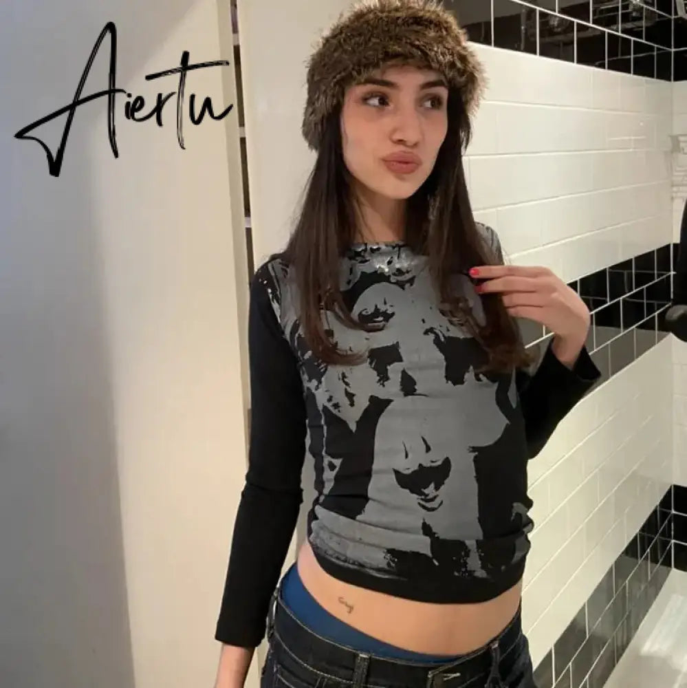 E-girl Harajuku Graphic Print T-shirt 90s Women Vintage Crop Top Y2K Aesthetic Summer Slim Fit Tees Tops Streetwear Gothic Punk Aiertu