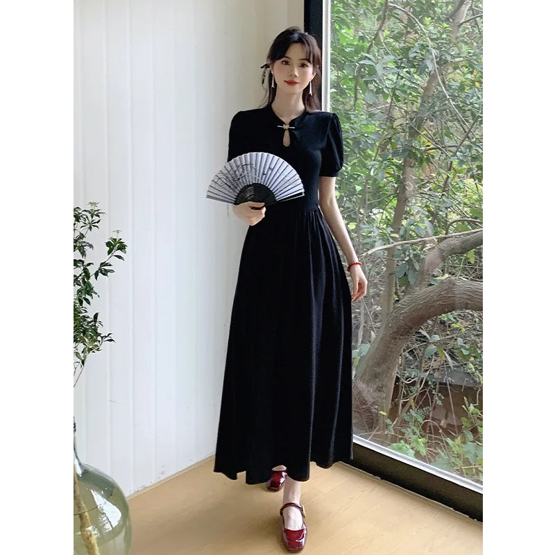 Aiertu  Slimming High Waist Pure Color Butterfly Buckle Small Stand Collar Summer New Style Traditional Chinese Fashion Dress Aiertu