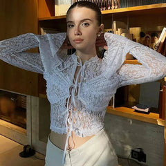 Aiertu  -  Sexy Lace Up Cardigan T-Shirt Female See Through Lace Flare Sleeve T-shirt Top Hot Girl Slim Fit Solid Splice Short Top Aiertu