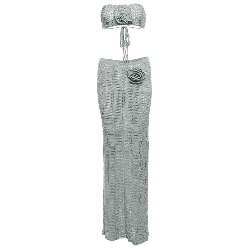 Aiertu  -  2 Piece Set Women Crochet Applique Chest Wrap Lace-Up Camisole+Skinny Solid Stretch Long Skirts Matching Elegant Suit Aiertu