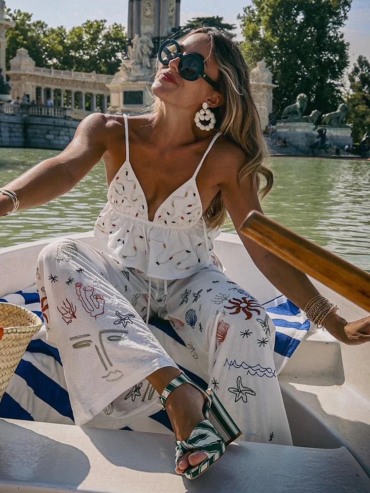 Aiertu  -  Autumn Embroidery Women Cotton Long Pants Drawstring Casual Wide Leg White Trousers 2026 Boho Marine Organism Pants Aiertu