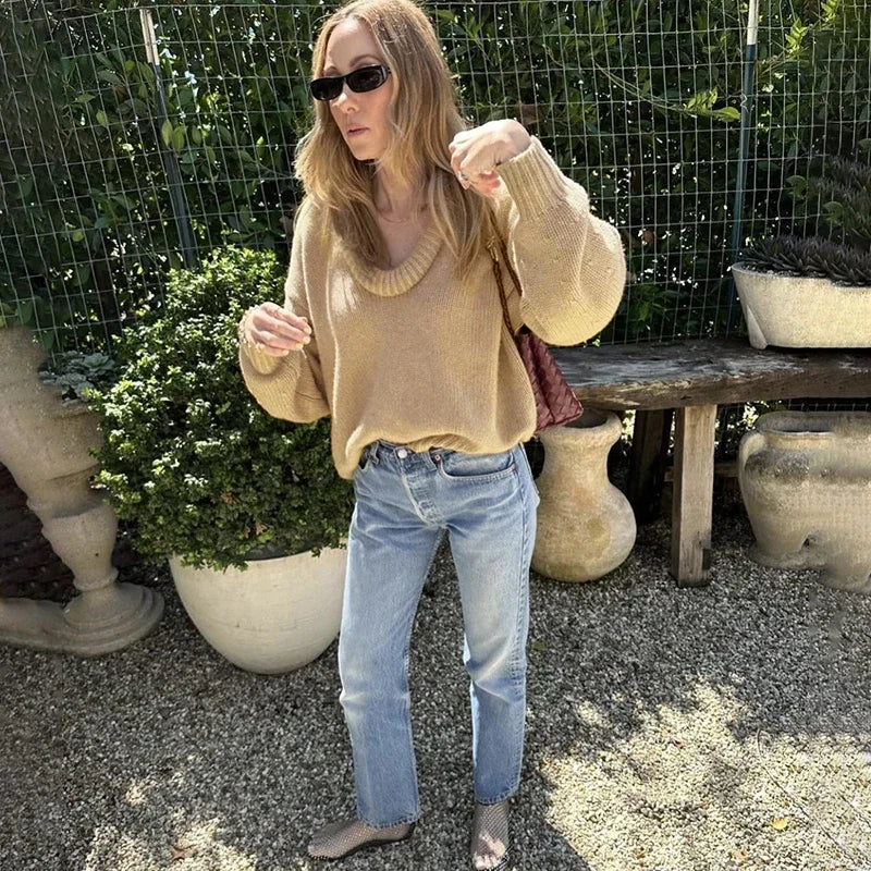Aiertu  -  Fashion Casual Round Knit Sweater For Women Solid Color Loose Autumn 2026 New Pullovers Long Sleeve Female Knitted Top Aiertu