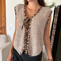 Aiertu  -  Women Leopard Knitted Tie Front Vest Cheetah Print Open Front Cardigan Fall Sleeveless Contrast Sweater Tank Tops Aiertu