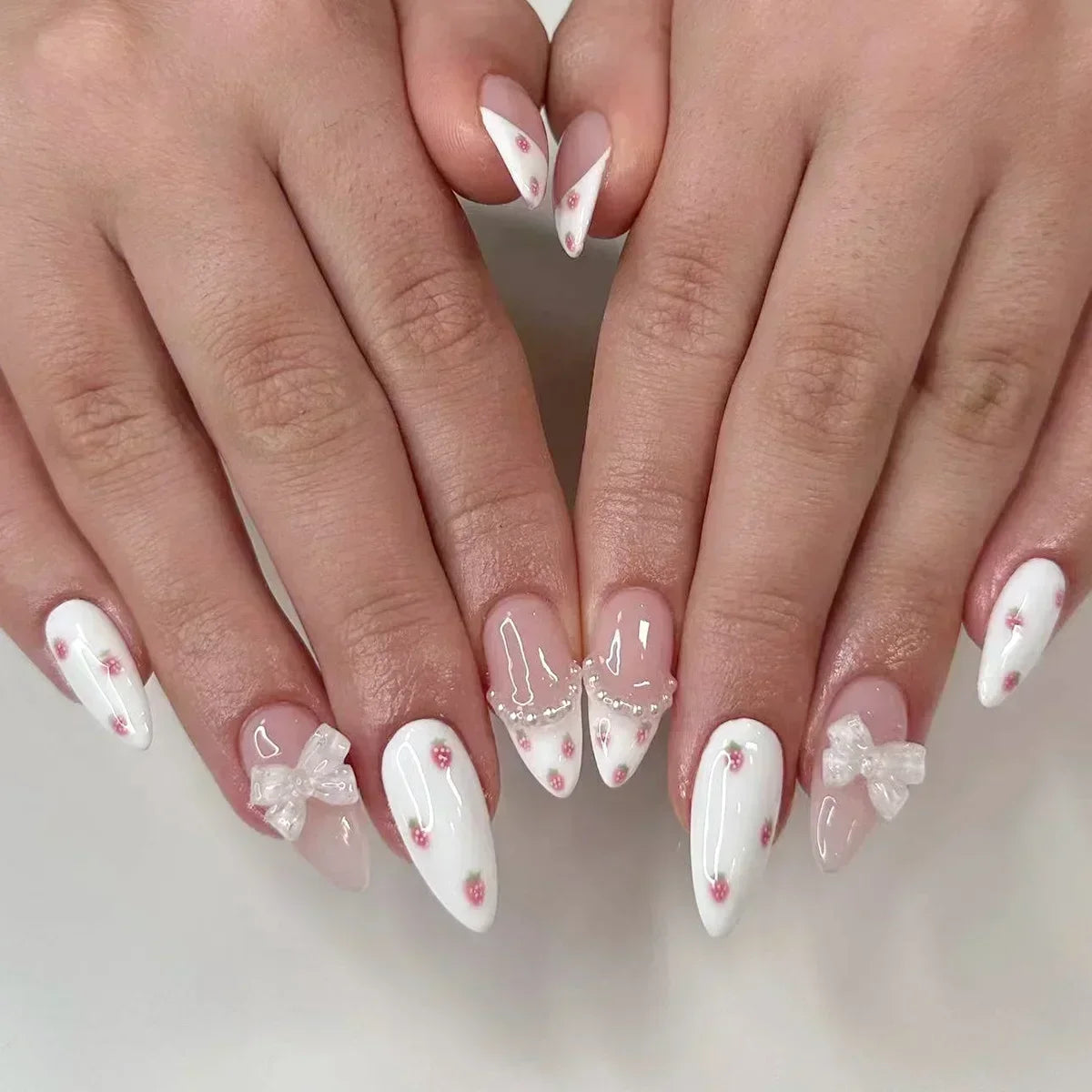 Aiertu 24Pcs Pink Almond French Press on Nails With 3D Bow ripple charms Design Fake Nails Ballerina False Nails Full Cover Nail Tips Aiertu